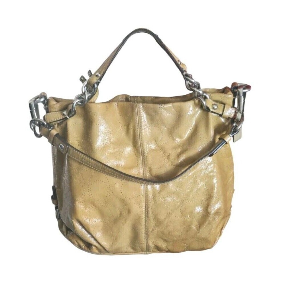 Coach Perforated Patent Leather Shoulder Bag Brook Putty